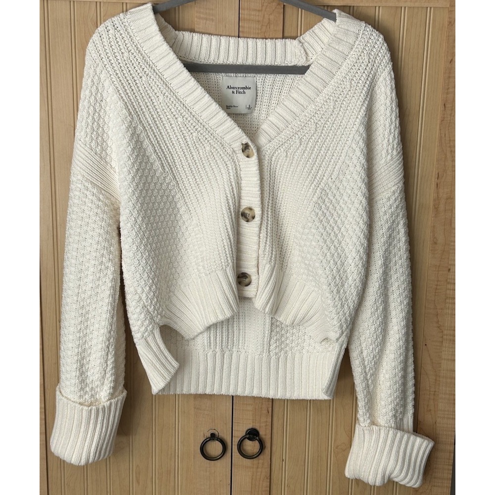 Abercrombie & Fitch Textured Cable Knit Cardigan off-white Size Small